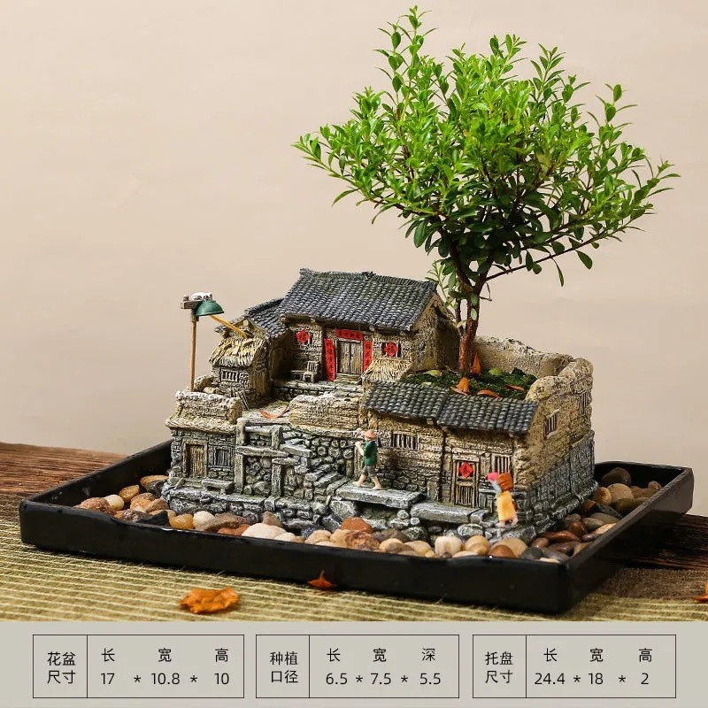 微景观中式植物老房子花盆摆件田园文竹创意盆景室内盆栽灯光可亮 - 图3