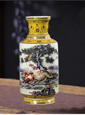 现代中式景德镇陶瓷粉彩花瓶书画博古架书房办公室箭筒装饰品摆件