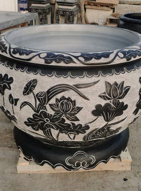 热销石雕鱼缸摆件仿古花盆大理石福字鱼缸别墅庭院景观青石厂家供