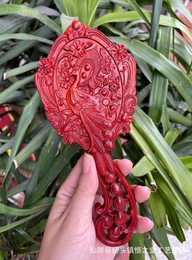 紫檀镂空雕花复古孔雀镜子长柄木质手持镜子旅游景点化妆镜礼品