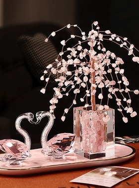 浪漫粉水晶招财树天鹅套装摆件家居办公室艺术装饰品结婚生日厂家