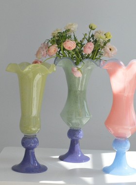 热销法式简约复古高脚长颈铃兰风灯水培高级感玻璃花瓶插花瓶家居