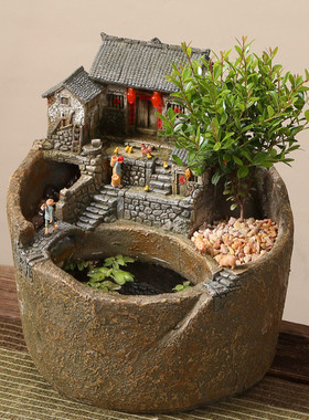 创意循环水流水摆件玄关永动客厅造景鱼缸禅意造景桌面装饰品复古