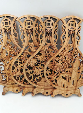 批发本色板画小摆件花瓶实木雕刻梅兰竹菊小挂件工艺礼品香樟木