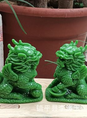 热销树脂批发仿寿山石麒麟一对摆件绿麒麟厂家家居办公摆件工艺品