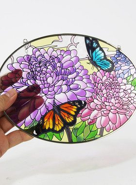 礼品工厂定制椭圆形彩绘蝴蝶花玻璃挂饰窗户挂件手工彩绘艺术源头