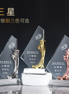 热销新款水晶金属奖杯员工年会舞蹈书法运动比赛树脂琉璃木质奖杯