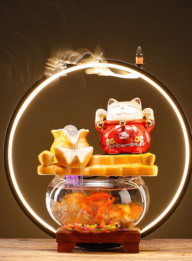 新中式招财猫鱼缸循环流水过滤增生财陶瓷商务礼品家居装饰氧摆件