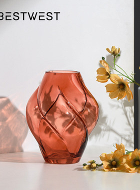 热销博西家居色桔马蒂斯不规则鼓包玻璃花瓶创意家居客厅水培插花