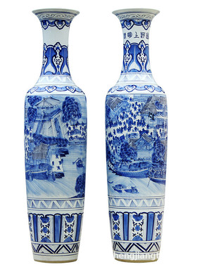 景德镇青花瓷陶瓷器客厅大瓶子创意清明上河图落地插花装饰品摆件