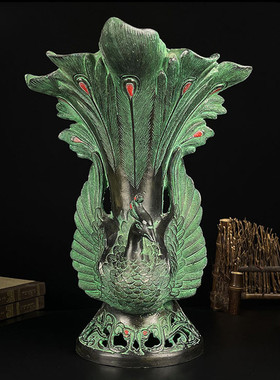 热销仿古青铜摆件双凤杯酒樽吉祥工艺品尊花瓶古玩装饰鸟花插笔筒