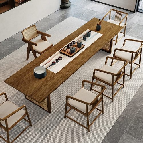 实木茶桌椅组合茶桌实木编大板茶台新中式功夫茶桌全套藤桌茶台 - 图2