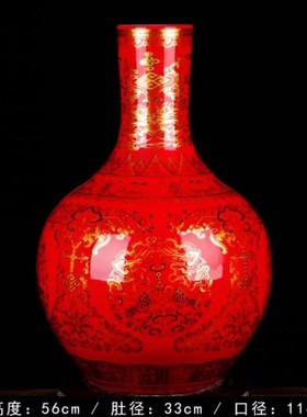 釉上彩落地大花瓶金色牡丹花开富贵大号天球瓶装饰柜陶瓷花瓶摆件