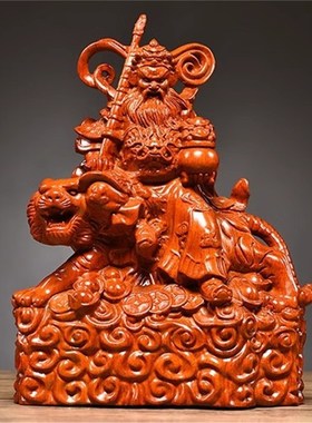 彩绘木雕刻武财神骑虎赵公明神像摆件客厅装饰工艺品店铺开业送礼
