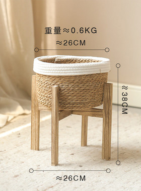 手工白色线木底座花篮家居装饰篮子草编篮落地花盆架编织花瓶