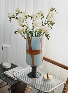 热销高脚彩色创意设计中古直筒玻璃花瓶新中式高级艺术桌面摆件花