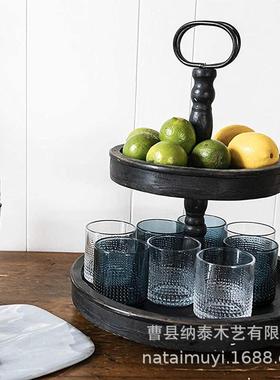 热销桐木双层圆形乡村复古厨房农舍做旧风格托盘木质拖盘双层置物
