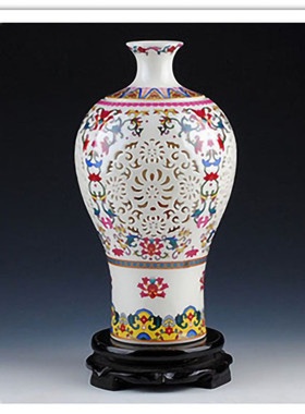 景德镇陶瓷器家居双层镂空青花粉彩花瓶中式客厅雕刻工艺品装饰摆