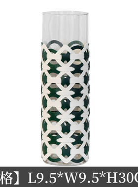 直筒玻璃花瓶高级感轻奢编织插花大口径皮革器客厅样板间饰品摆件