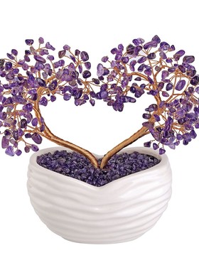 玫瑰金石头碎石绕线枝心形双生树陶瓷树小树摆件七色碎石底座