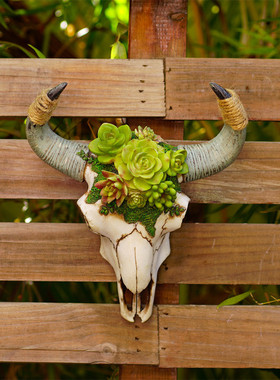 创意仿真多肉麻绳墙壁装饰壁挂摆件家居软装花园牛角立体动物挂件