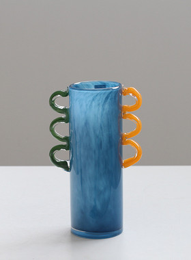 批发中古风创意手工直筒渐变双耳花瓶高级感软装家居装饰玻璃摆件