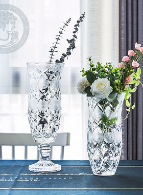 热销刻水晶玻璃砂手工伊丽莎白花瓶台面客厅家用玫瑰花假花大花瓶