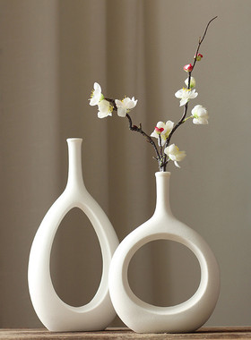 北欧白色餐桌干花黑色花瓶陶瓷家居装饰品客厅玄关插花花摆件现代