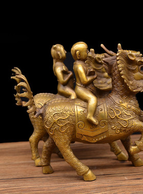 黄铜宏达大号铜麒麟金童玉女铜器工艺摆件