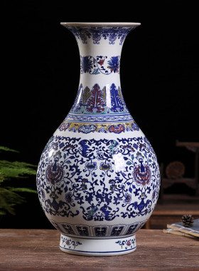 陶瓷花瓶青花五彩手绘景德镇中式缠枝莲大花瓶酒店客厅中式摆件