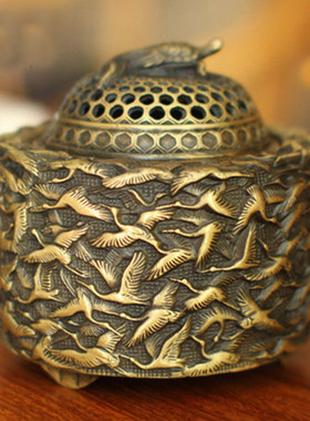 古韵斋黄铜千鹤熏香炉摆件盘香炉古玩黄铜器仿古创意礼品工艺品