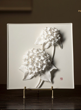 热销夫己花花世界新中式正方形瓷板绣球花之手工陶瓷艺术装饰客厅