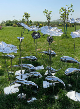 热销不锈钢荷花荷叶雕塑简约铁艺庭院鱼水景商场户外室外中式装饰