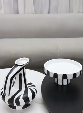热销树脂黑白竖纹花瓶果盘现代简约摆件客厅餐厅卧室电视柜家居装