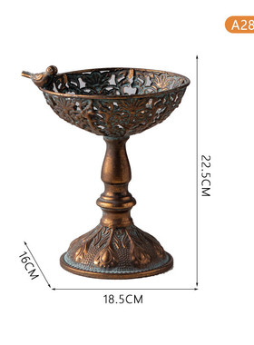 仿古铜民宿装饰摆件铁艺高脚水果托盘美式复古玄关装饰品鸟食盆