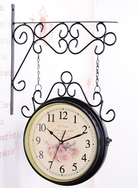 热销欧式工艺品创意静音挂钟家居工艺摆件双面简约铁艺双面时钟直