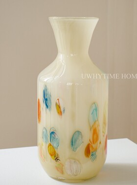 高级感玄关手工玻璃花瓶中古奶油色水彩琉璃法式插花器装饰品摆件