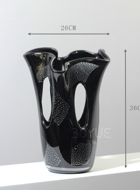 中古风经典黑色花瓣琉璃黑色镂空花瓶高端会所酒店样板间家居摆件