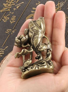 黄铜荷花鲤鱼香插摆件实心铜小金鱼荷叶莲花池塘意境茶宠创意香插