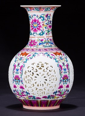 景德镇陶瓷器镂空小花瓶青花瓷插花装饰品中式家居酒柜博古架摆件