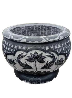 荷花石缸雕塑花盆鱼缸庭院青石仿古石雕花盆福字做旧荷花鱼缸