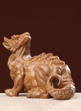 小叶紫檀绿檀木瑞兽白泽祥雕摆件手把件供奉车内中控家居装饰品