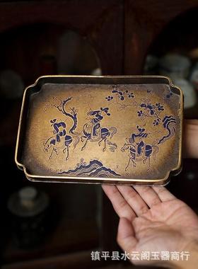 式漆绘壶承宋手工黄铜托盘铜器铜盘壶垫茶盘干泡台雕刻茶盘样板间