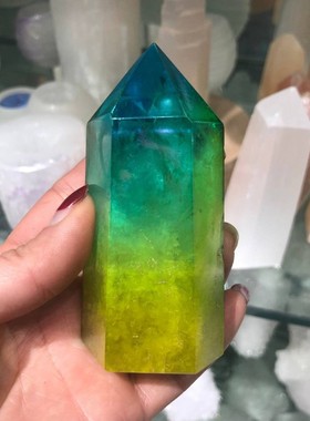 热销电镀打孔水晶柱双色镀彩单尖摆件柱水晶柱