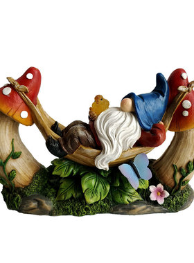 小矮人躺在蘑菇吊床创意摆件树脂装饰品侏儒精灵庭院太阳能工艺品