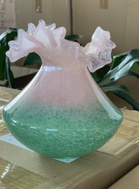 法式复古海苔绿渐变桃花瓶水养拼色单提耳手工壶形粉插花器摆件