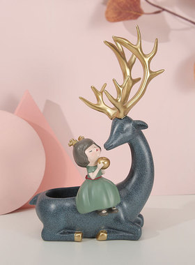 创意礼品ins风鹿女孩树脂工艺品摆件家居装饰收纳鹿摆件厂家直销