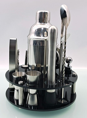 热销新款旋转圆形黑色亚克力调酒防跌落鸡尾酒套装器酒吧工具20件