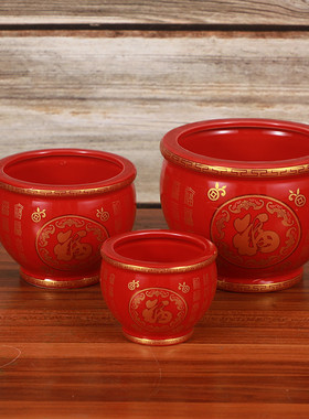 中式家用陶瓷米缸红色百福缸红色金边聚宝盆聚福招财进宝客厅摆件