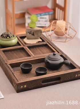 日式烧桐木托盘七件套长方形水果实木点心托盘家用实木茶盘套装